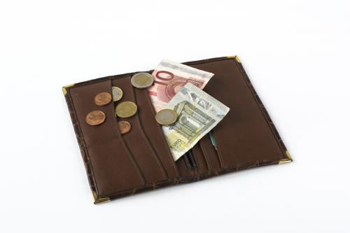 Leather wallet with banknotes and coins