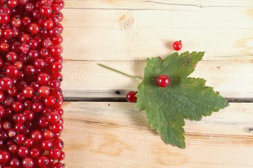 Red currant berries on a left side of a wooden surface with gree